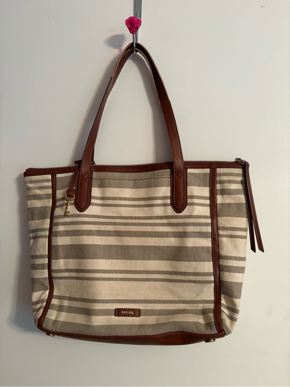 Fossil Beige and Brown Striped Canvas Tote
